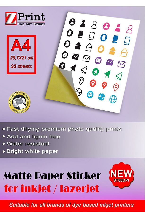 Inkjet Ve Lazer Tüm Yazıcılarla Uyumlu Mat Yapışkanlı Sticker Etiket Kağıt A4 20 Yaprak - 2
