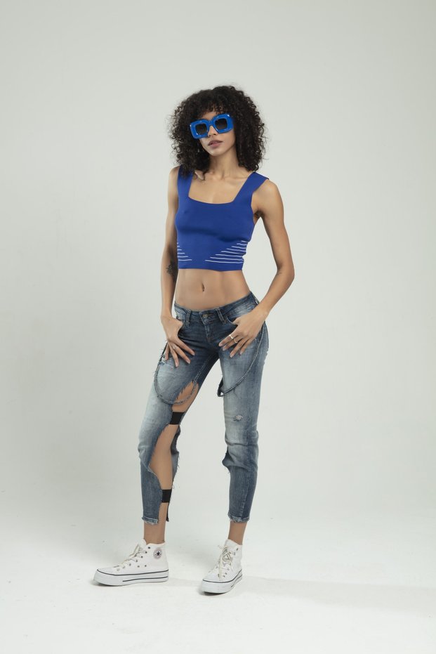 Sax Colorful Women's Square Neck Strap Striped Side Sports Knitwear Crop Top Badi
