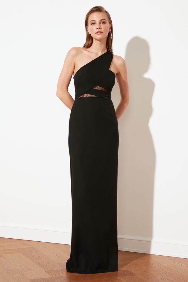 Siyah Pencere/Cut Out Detaylı Dokuma Uzun Gece Abiye Elbise TPRSS21AE0066 - 7