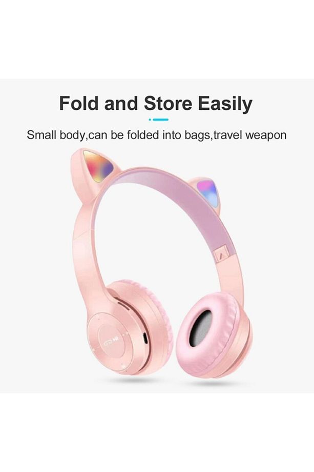 P47m Kedili Katlanabilir Kulak Üstü Kablosuz Bluetooth 5.0 Kulaklık Ledli Genç Kız Açık Mavi - 3