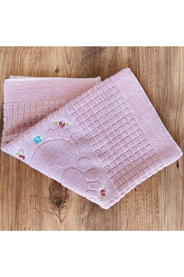3 Adet Pudra Renk Nakışlı Ayak Havlusu %100 Pamuk Ölçü:50x70 - 4