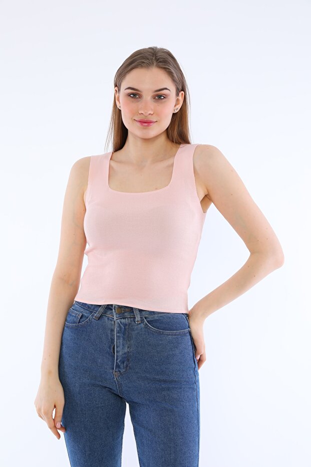 Women's Pink Sleeveless Blouse Thick Strap Athlete Slim Summer Square Collar Knitwear