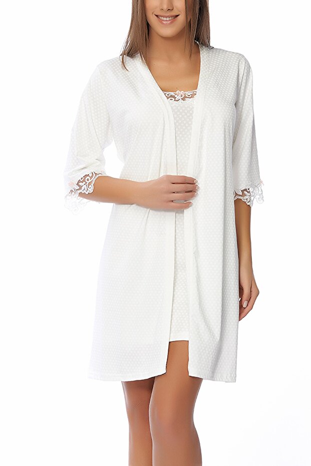 Women's Ecru Polka Dot Nightgown Dressing Gown Set 6436 - Outlet Product