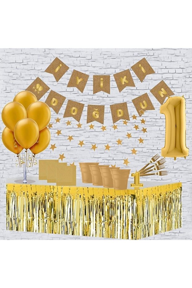 Mini Party Store Kraft Gold 1 Year Old Birthday Set for 8 People