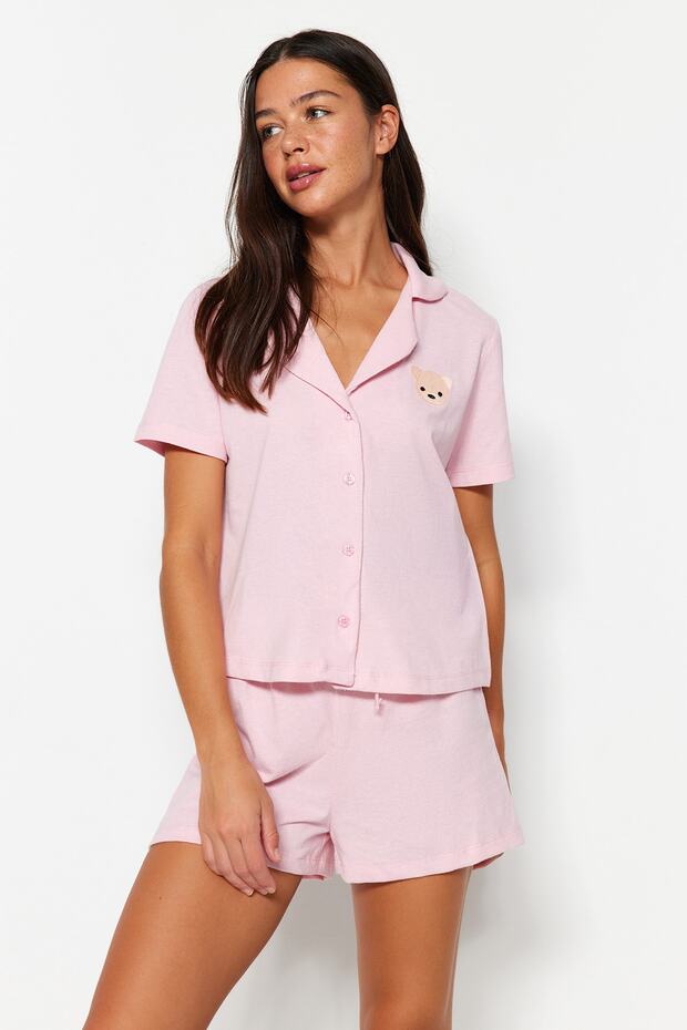 Açık Pembe Ayıcıklı Şortlu Örme Pijama Takımı THMSS23PT00012 - 2