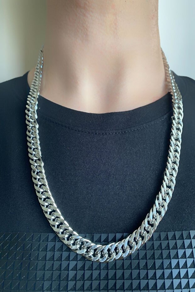 Stainless 316l Steel Women's Men's Thick Flat Knitted Model Chain Necklace Grey Silver 10 Mm 58 Cm