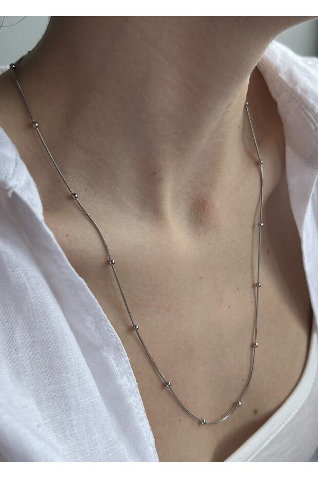 Silver Color 60 cm Steel Ball Detailed Thin Necklace