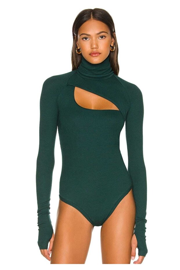 Women's Body Emerald Green Turtleneck Finger Snap Silk Jersey Body