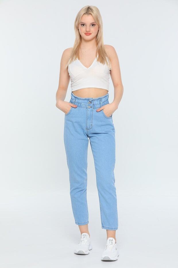 Women's Ice Blue Elastic Waist Boyfriend Jeans Pants with Drawstring Waist Mom Jean
