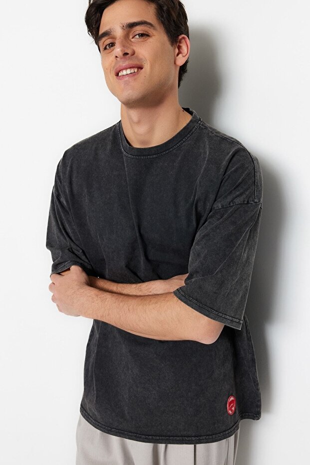 Büyük Beden Antrasit Oversize/Geniş Kesim Soluk Efekt %100 Pamuklu T-Shirt TMNSS23BF00000 - 7
