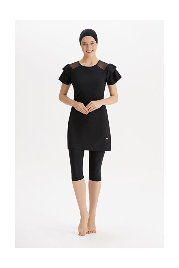 Women's Semi Covered Hijab Swimsuit Short Sleeve 3205 Black