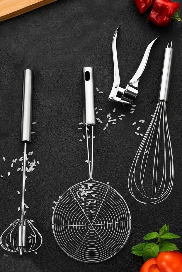 Stainless Steel Garlic Crusher, Automatic Press Beater, Fat Strainer, Wire Whisk