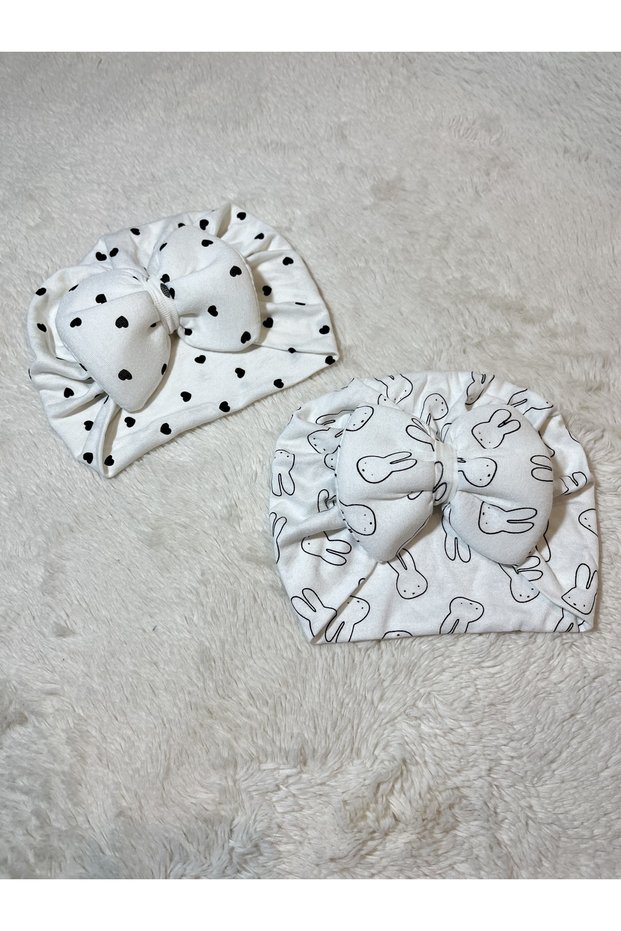 Baby Girl Black Heart and Patterned 2-Piece Hair Cap in White Color