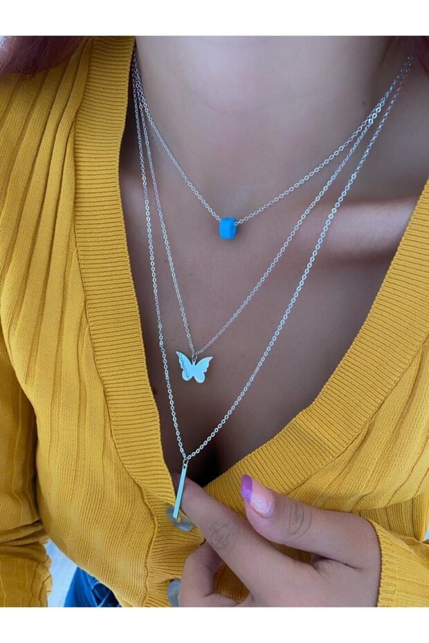 Stamp Butterfly Necklace Triple Silver