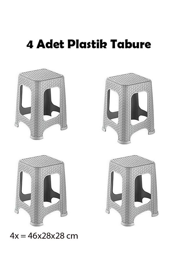 4 Adet Rattan Örgü Model Plastik Tabure Taş Rengi - 1