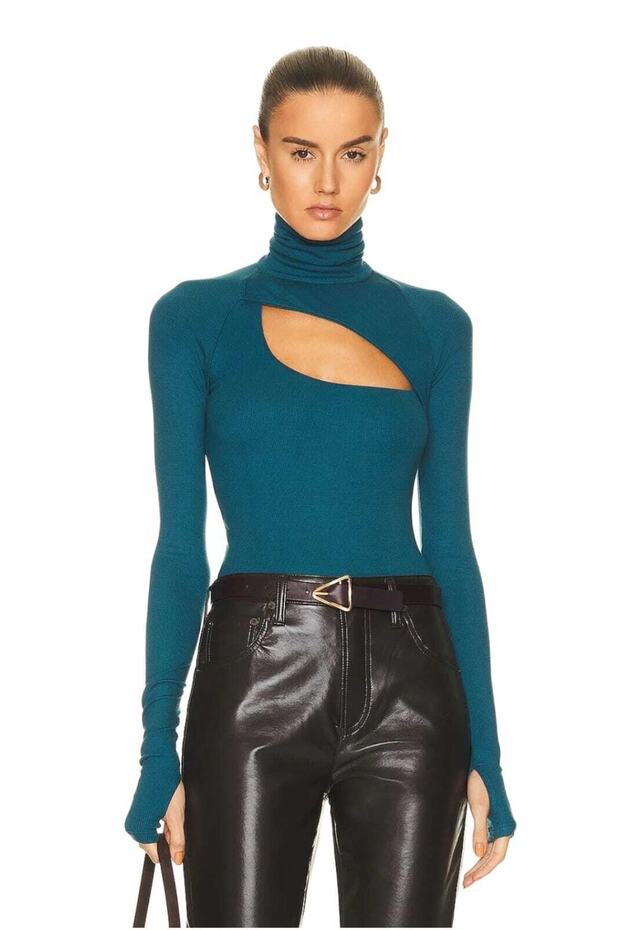 Women's Body Petrol Green Turtleneck Finger Snap Window Silk Jersey