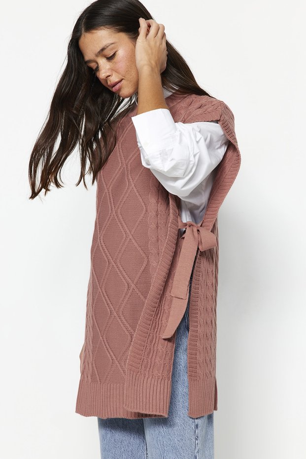 Dusty Rose Tie Waist Braided Knitwear Sweater TCTAW22UV0018