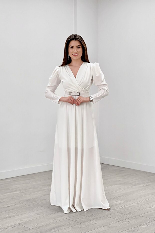 Crepe Fabric Double Breasted Collar Kiloş Dress - White