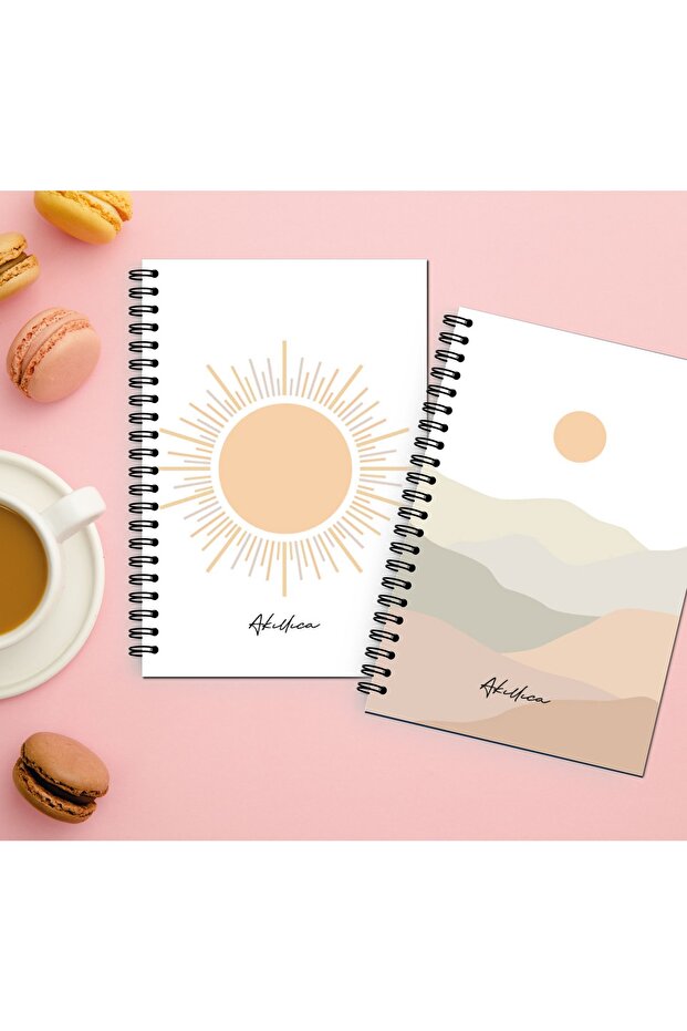 Set of 2 Unlined Notebooks 13 X 20 cm 56 Sheets Cardboard Cover Spiral Notebook Sun Mountains Sun Series
