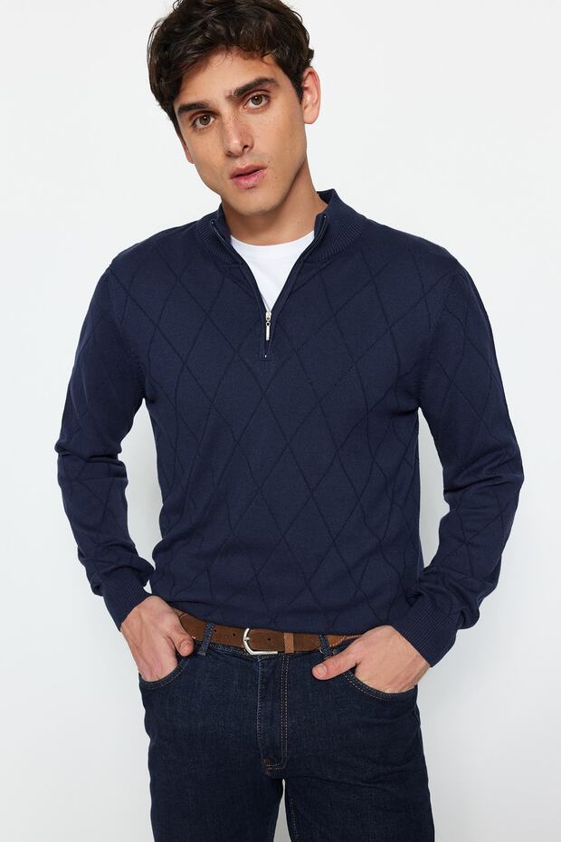 Lacivert Slim Fit Pamuklu Yarım Balıkçı Fermuarlı Yaka Smart Triko Kazak TMNAW23KZ00215