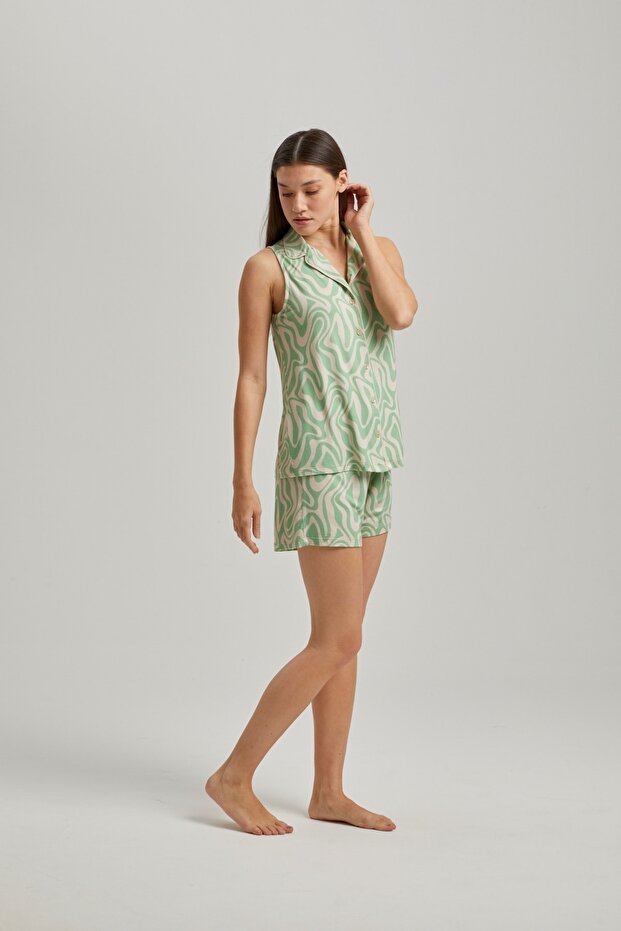 Yeşil Dalga Desen Kısa Kollu Düğmeli Şort Takım - 2