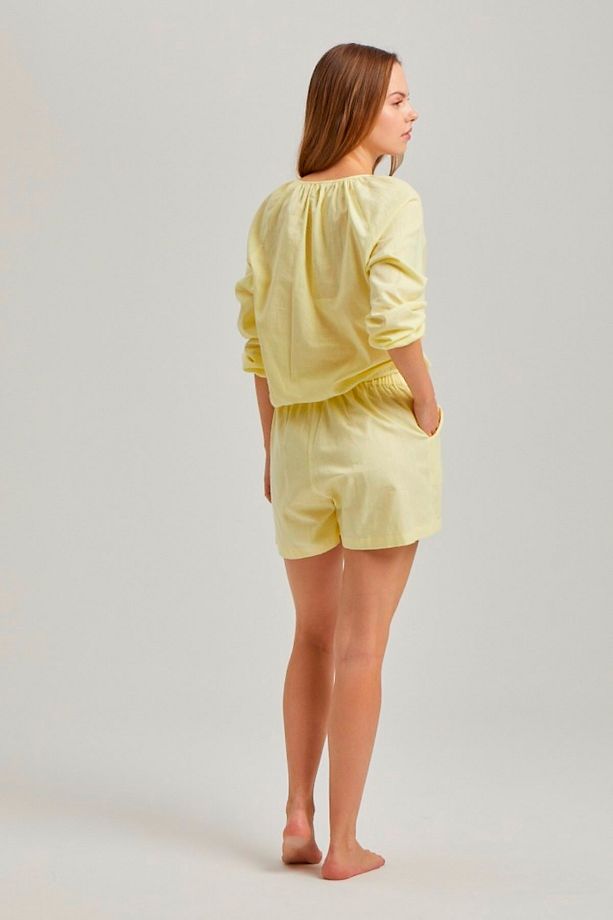 Sarı Önden Düğmeli Uzun Kollu Şort Pijama Takımı - 2