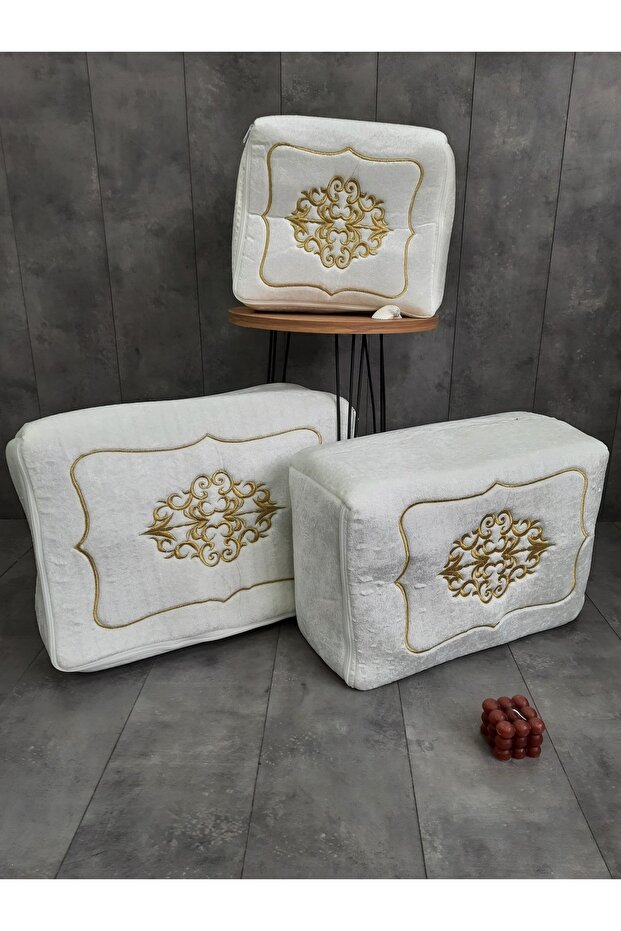Rumeli Gold Embroidered Dowry on Cream 3-Piece Bag Set, Wedding Engagement, Promise, Bundle, Bride, Groom, Bag