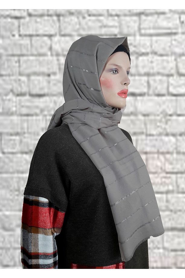 Moda Kaşmir Çizgi Simli Koyu Gri Şal - 2