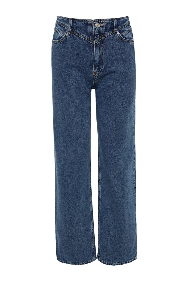 Sötétkék derék részletesen magas derekú, széles lábszárú farmernadrág TWOSS21JE0385 - 7