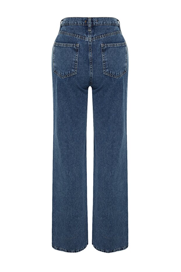 Sötétkék derék részletesen magas derekú, széles lábszárú farmernadrág TWOSS21JE0385 - 8