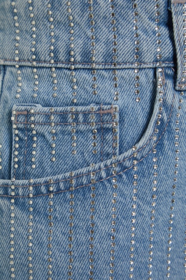 Mavi Taşlı Yüksek Bel Mini Denim Şort TWOSS23SR00191 - 7