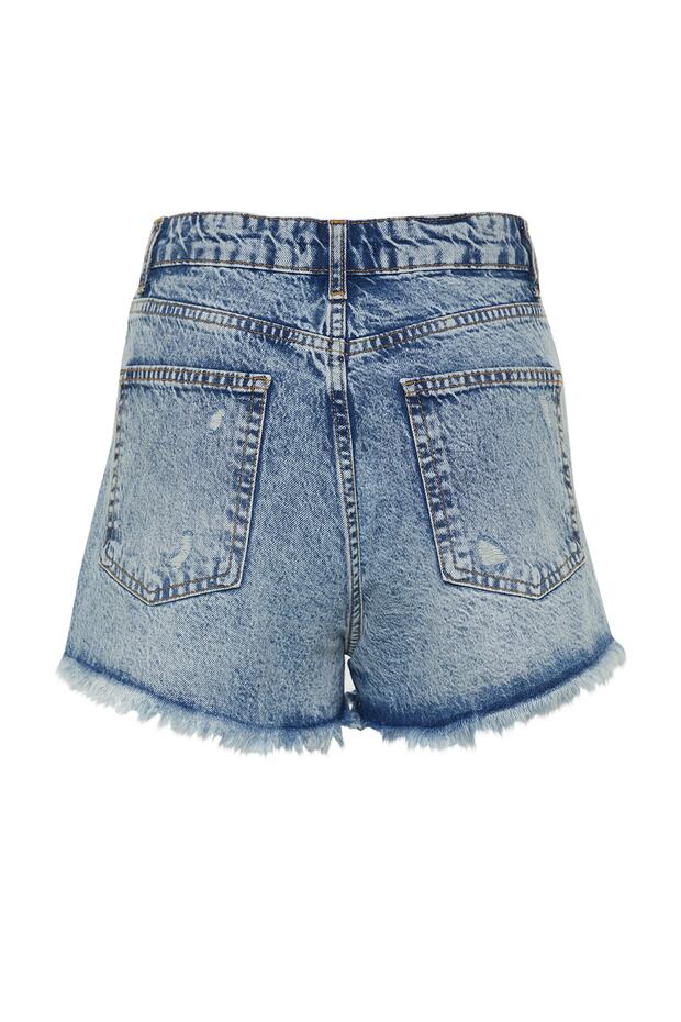 Mavi Yırtıklı Yüksek Bel Mini Denim Şort TWOSS23SR00207 - 7