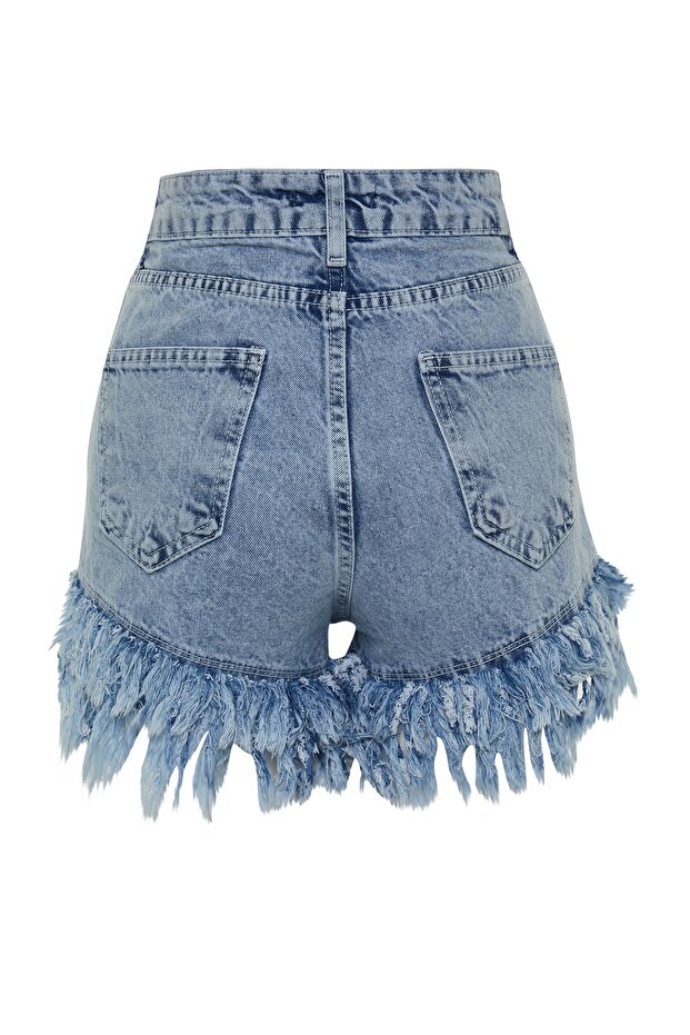 Açık Mavi More Sustainable Püsküllü Yüksek Bel Mini Denim Şort TWOSS23SR00164 - 12