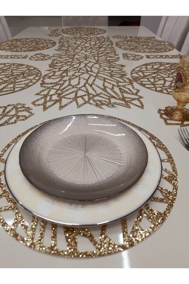19 Pieces/ Faux Leather/ Glittering Presentation Set/1 Runner/6 Serving/6 B.mat/6 Spoon Holder /gold Glittering