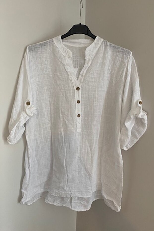 Women's Italian White Button Detailed Patch Lapel Blouse