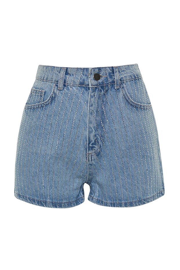Mavi Taşlı Yüksek Bel Mini Denim Şort TWOSS23SR00191 - 6