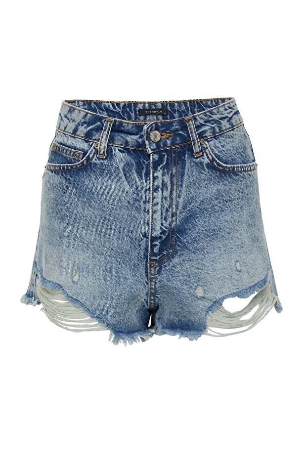 Mavi Yırtıklı Yüksek Bel Mini Denim Şort TWOSS23SR00207 - 6
