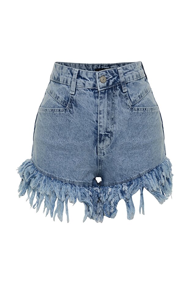 Açık Mavi More Sustainable Püsküllü Yüksek Bel Mini Denim Şort TWOSS23SR00164 - 10