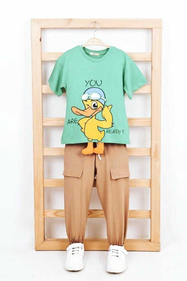 Duck Fluffy Footed Green Brown T-shirt Trousers Kids Set