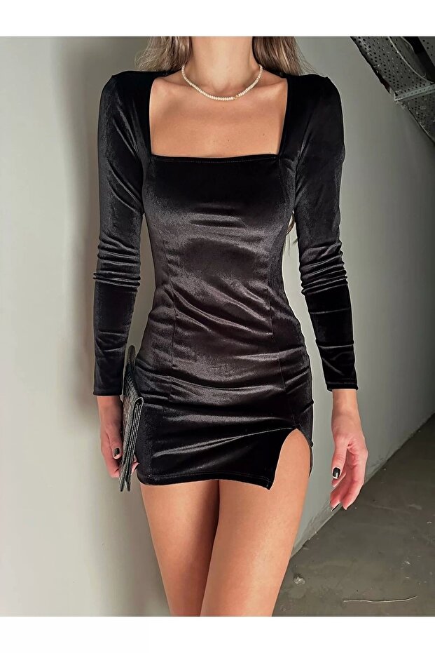 Velvet Square Neck Mini Dress with Leg Slit