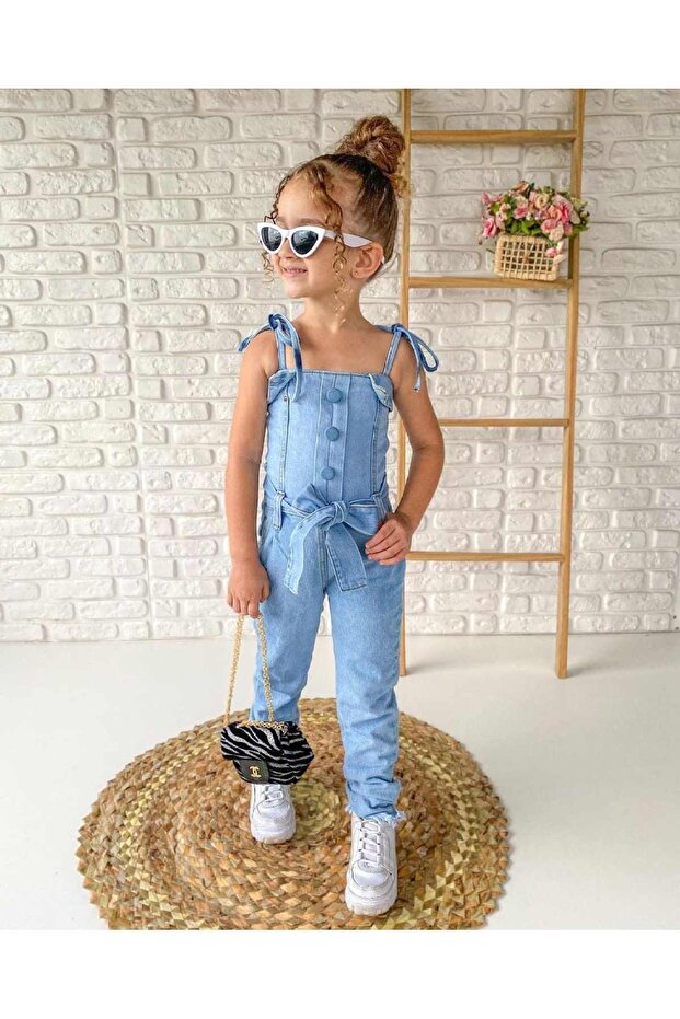 Girl's Lycra Comfortable Fit Denim Jumpsuit with Back Zipper
