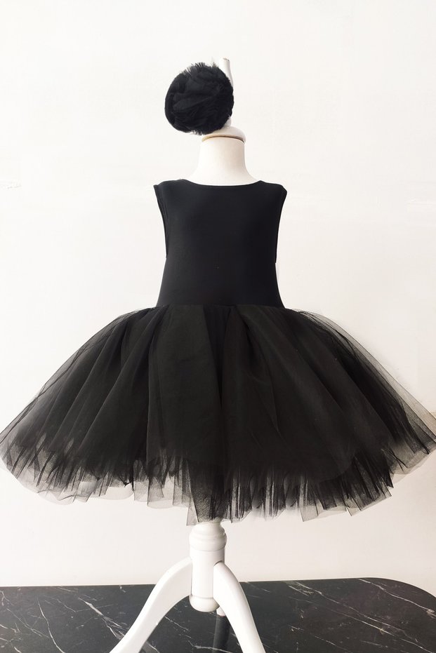 Black Ballerina Model Girl's Tutu Dress, Pom Pom Bandana Set