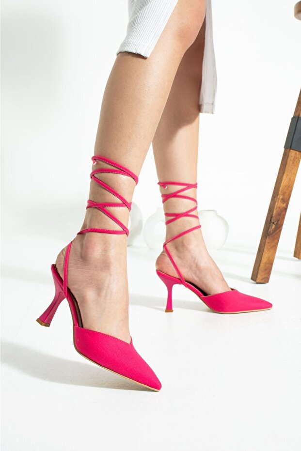 Fuchsia Stringed Ankle Strap Satin Women's Heeled Shoes