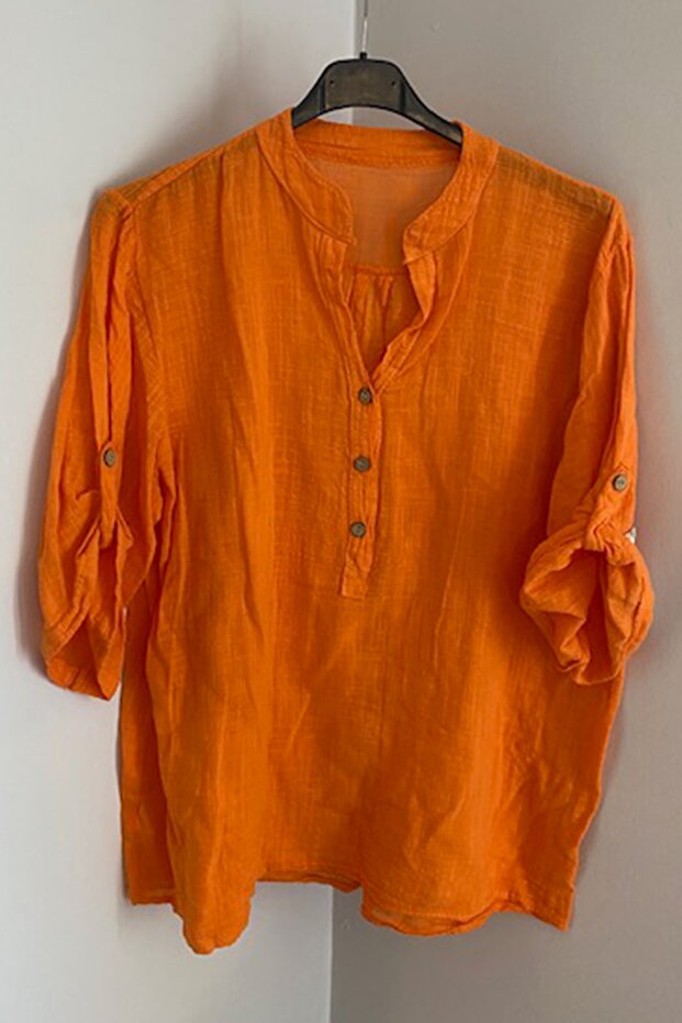 Women's Italian Orange Button Detailed Collar Blouse