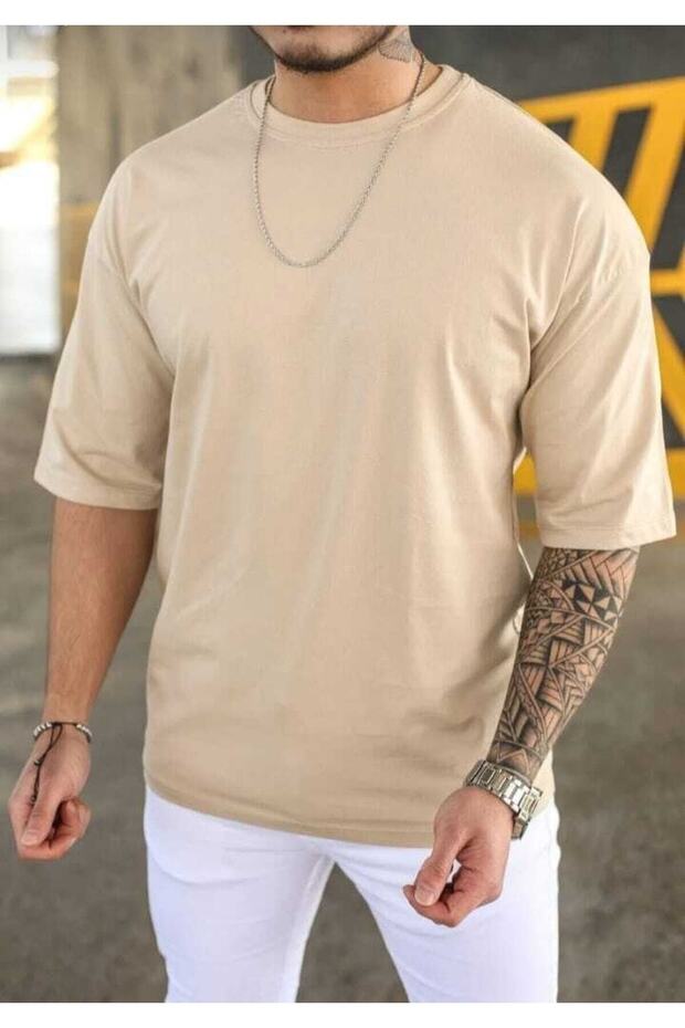 Men's Beige Plain Crew Neck Oversize T-shirt
