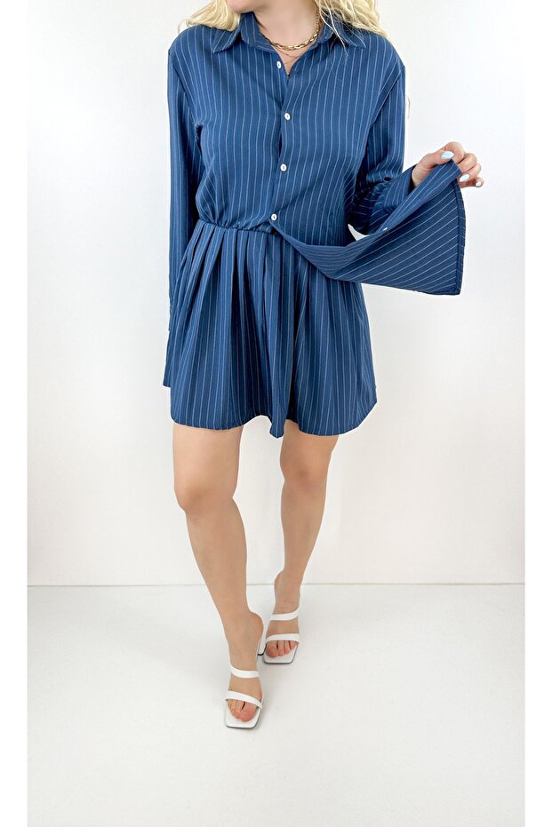 Pliseli Asimetrik Gömlek Elbise - 2