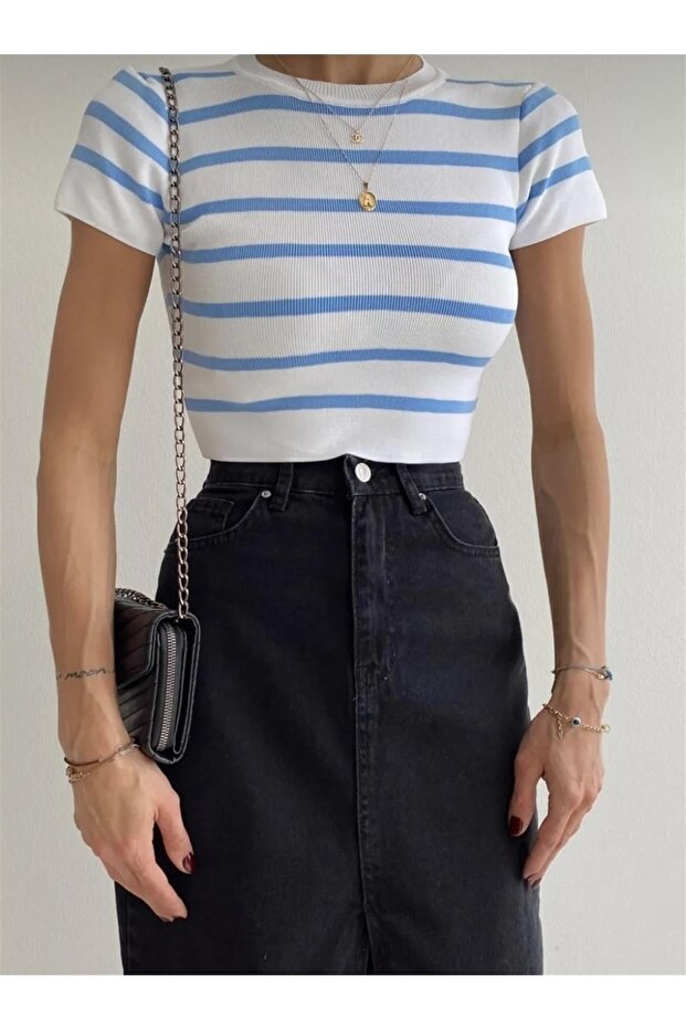 Basic Çizgili Triko - Mavi - 2