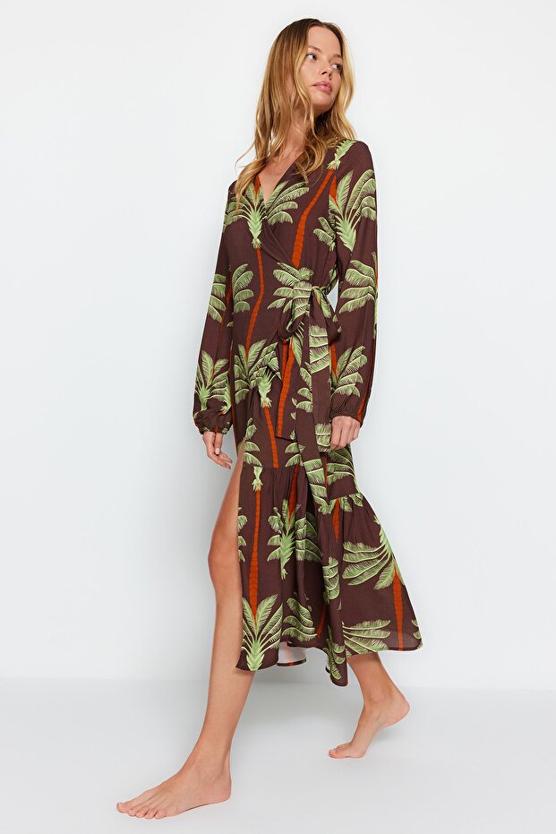 Tropikal Desenli Maxi Dokuma Plaj Kimono&Kaftan TBESS23KM00053 - 3