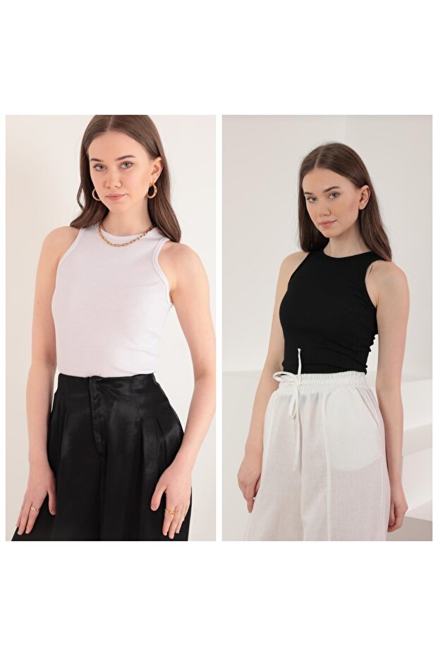 Black and White Double Undershirt Crop-Crew Neck Crop-Women's Crop-Summer (Combed Fabric) Undershirt