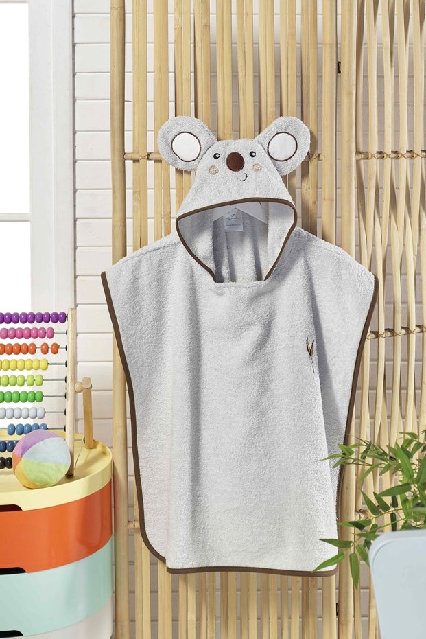 Poncho Children's Bathrobe Beach Towel Hooded (Age 3-8) Inner-Outer Surface 100% Cotton Koala Gray Animal